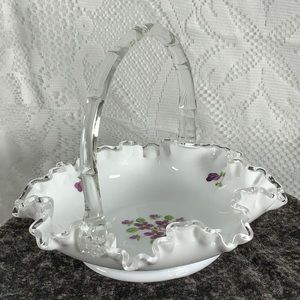 Vintage Fenton Glass Basket Violets in the Snow Silver Crest Handle
